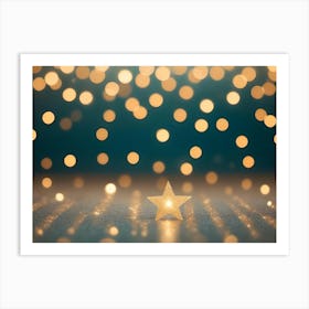 A Glowing Golden Star Resting On A Teal Background With Blurred Golden Lights Scattered Throughout The Image Art Print