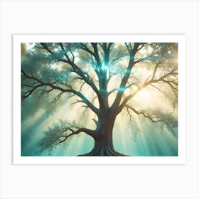 A Photograph Of A Large, Majestic Tree In A Misty Forest Art Print