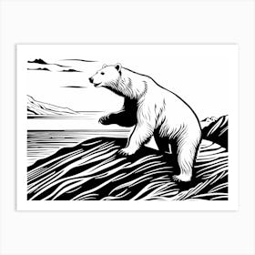 Playful Polar Bear On Cliff Linocut Black And White Solid White art, animal art, 172 Art Print