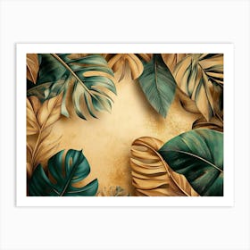 Vintage Tropical Green Brown Leaves, Beige Background, Golden Texture 8 Art Print