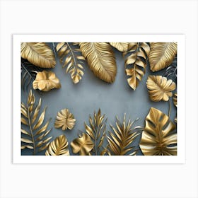 Gold Leaves On A Grey Background Art Print