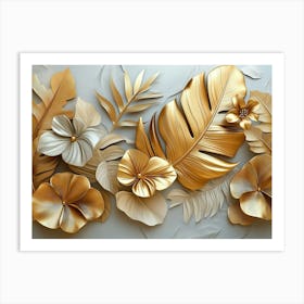 Gold Floral Plants And Palm Leaves, 3d Grey Background, Abstract Tropical Leaves, Banana Art Print