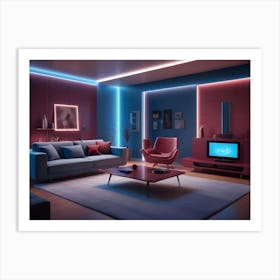 A Modern Living Room Interior With A Blue Sofa, A Red Armchair, And A Tv, All Illuminated By Warm And Cool Neon Lights Art Print