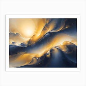 Abstract Image With Swirling, Flowing Patterns In Shades Of Blue, Gold, And White, Creating A Sense Of Depth And Movement Art Print