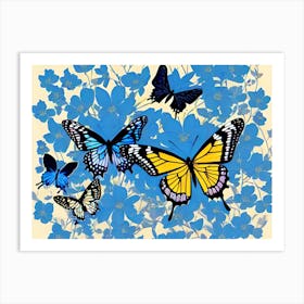 Butterflies On Blue Flowers Art Print