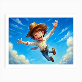 Boy In Hat Jumping In Blue Sky Art Print