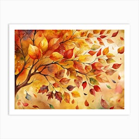 Watercolor Autumn Tree Branch With Falling Leaves Art Print