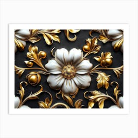 Elegant Leather Base Golden and White Floral Damask Seamless Flowers with Gold Art Print