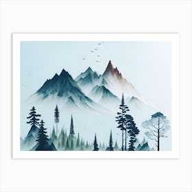 Mountain And Forest In Minimalist Watercolor Horizontal Composition 402 Art Print
