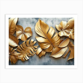 Gold Floral Plants And Palm Leaves Art, 3d Illustration, Grey Background, Abstract Tropical Leaves, Banana Art Print