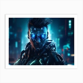 Man wearing a sleek cyber suit with glowing neon lines and intricate details Art Print