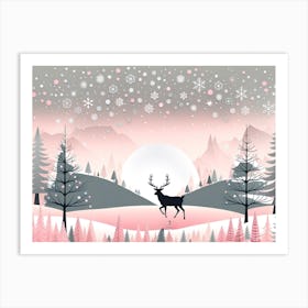 Christmas Tree And Deer, Rein deer, Christmas Tree art, Christmas Tree, Christmas vector art, Vector Art, Christmas art, Christmas, pink and white 3 Art Print