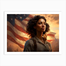 Woman In Front Of An American Flag Art Print
