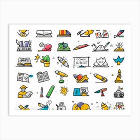 Cartoon Icons Representing Events And Education Sketched By Hand Hand Drawn Animation Style Depic (3) Art Print