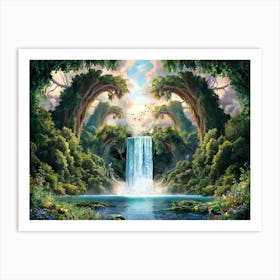 Majestic Waterfall Forest Flowers Painting #13 Art Print