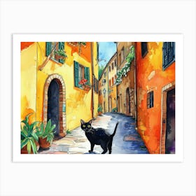 Black Cat In Ascoli Piceno, Italy, Street Art Watercolour Painting 2 Art Print