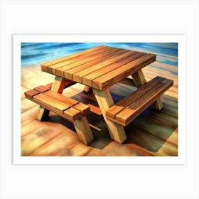 Wooden Picnic Table On Beach Art Print