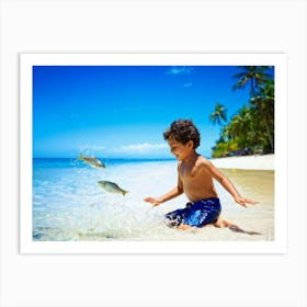 Little Boy Playing With Fish On The Beach Art Print