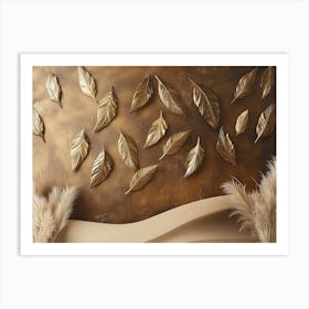 Rustic 3d Textured Art with Almond Brown Background, Faded Brass Feathers and Abstract Sandy Dunes Affiche