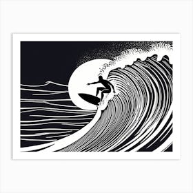 Linocut Black And White Surfer On A Wave art, surfing art, 264 Art Print