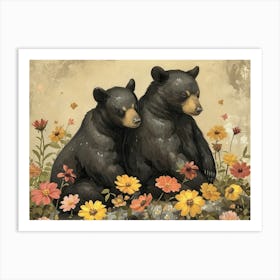 Floral Animal Illustration Black Bear 1 Art Print