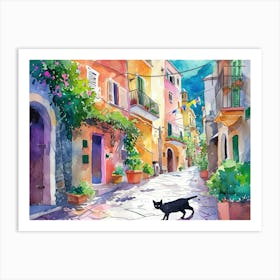 Amalfi, Italy   Black Cat In Street Art Watercolour Painting 3 Art Print