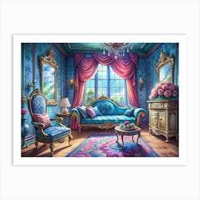 Elegant Living Room With Blue And Pink Decor 1 Art Print