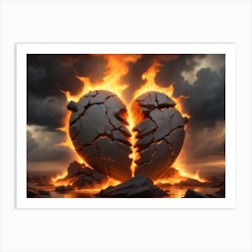 A Dramatic Image Of A Broken, Stone Heart In Flames, Set Against A Dark And Stormy Sky Art Print