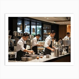 Cafeteria Interior Bustling With Activity Baristas In Checkered Aprons Preparing Espresso Drinks P Art Print