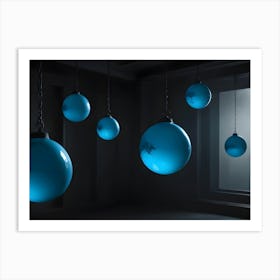 A Photograph Of A Dark Room With Blue, Glowing Orbs Suspended From The Ceiling On Chains Art Print