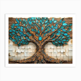 Fantasy 3d On Wooden Oak with White Lattice Tiles, Tree with Kaleidoscopic Leaves in Turquoise Art Print