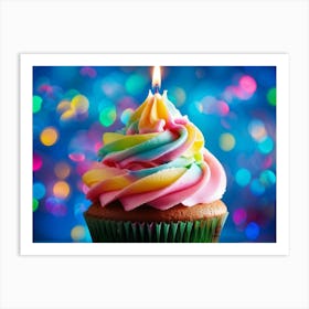 Cupcake With Vibrant Swirls Of Pink Blue And Green Frosting Single Lit Candle Atop Celebrating A (2) Art Print