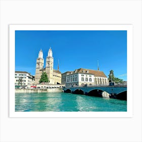 View Of Downtown Zurich, Grossmunster Cathedral And River Limmat Switzerland Art Print