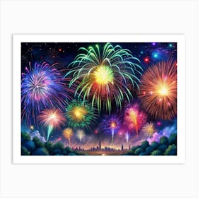 Colorful Fireworks Display Over Cityscape Art Print