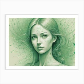 A Portrait Of A Woman With Flowing Hair, Rendered In Shades Of Green With Musical Notes And Symbols Subtly Incorporated Into The Design Art Print