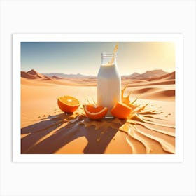 A Bottle Of Milk With A Splash Of Milk And Orange Slices In A Desert Setting, Creating A Surreal And Unexpected Juxtaposition Art Print