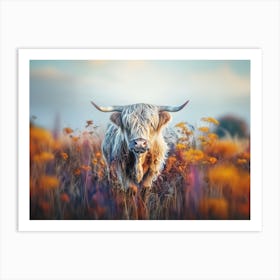 Highland Cow Colorful Flower Field Blue Sky Iridescent Nature Photography Art Print