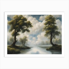 Two Trees By A River Art Print