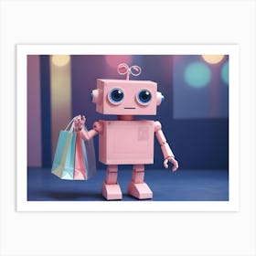 A 3d Rendering Of A Pink Robot Holding Shopping Bags, Standing Against A Blurred Background Of Colorful Lights Art Print