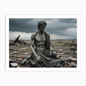 A Photograph Of A Weathered Statue Of A Man Sitting Amidst Rubble In A Post Apocalyptic Landscape Art Print