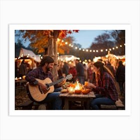 Autumn Festival Illuminated By String Lights Rustic Decorations Such As Dried Corn Husks Pumpkin A (1) Art Print