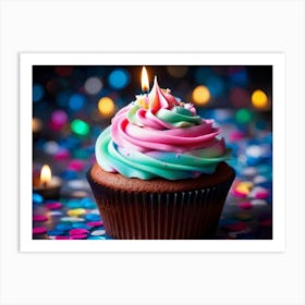 Cupcake With Vibrant Swirls Of Pink Blue And Green Frosting Single Lit Candle Atop Celebrating A (1) Art Print