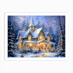 Watercolor House On The Forest Edge During A Magical Christmas Winter Snow Sparkling Around Amidst Art Print