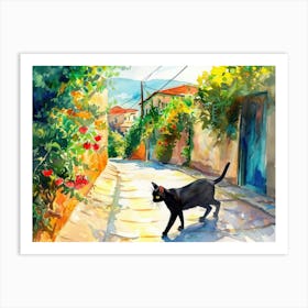 Athens, Greece   Black Cat In Street Art Watercolour Painting 4 Art Print