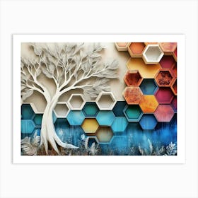 Abstract 3d Oak Artwork with White Lattice Feathers, A Tree Motif and Hexagons in Varied Art Print