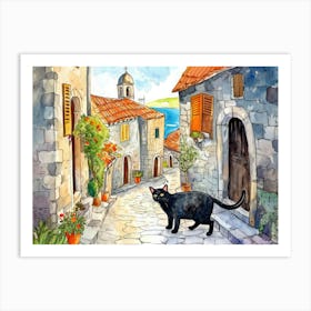 Dubrovnik, Croatia   Cat In Street Art Watercolour Painting 3 Art Print