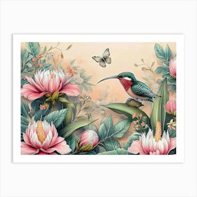 Vintage Tropical Background with Protea, Hibiscus Flowers, Leaves, Hummingbirds, Butterflies 1 Art Print