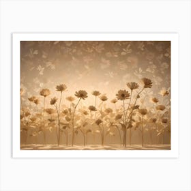 A Field Of White, Paper Flowers Against A Light Brown Background With A Subtle Floral Pattern Art Print