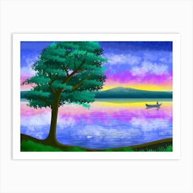 Landscape Nature Sky Clouds Lake Sea Water Fisherman Boat Tree Scenic Horizon Painting Art Silhouette Sun Brightness Colorful Twilight Art Print