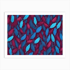 Seamless Pattern Of Blue And Pink Feathers Scattered On A Dark Background Art Print